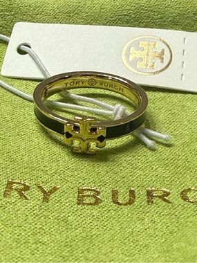 Tory Burch Gold Tone and Enamel Black Logo Band Ring SZ 7